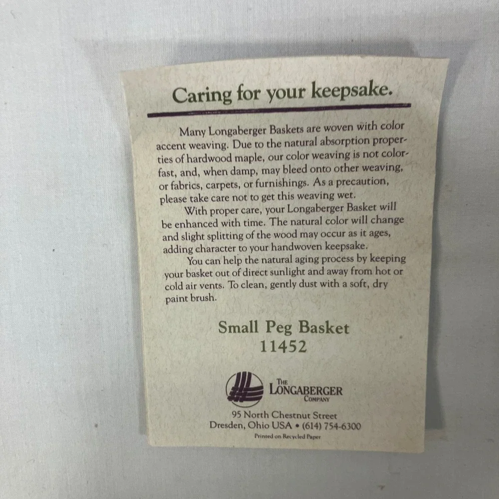 Longaberger 1993 Small Peg Basket 11452 Handwoven Wood Lace Liner & Protector